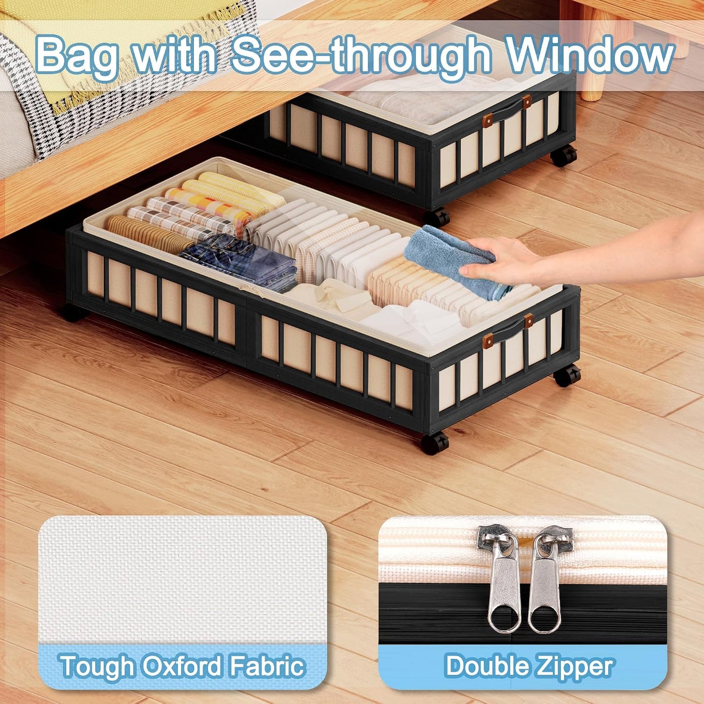 efluky 2-Pack Bamboo Under Bed Storage with Wheels, Rolling UnderBed Storage Basket with Large Dust Bag, Under Bed Storage Containers for Bedroom, Dorm and Basement, Nature