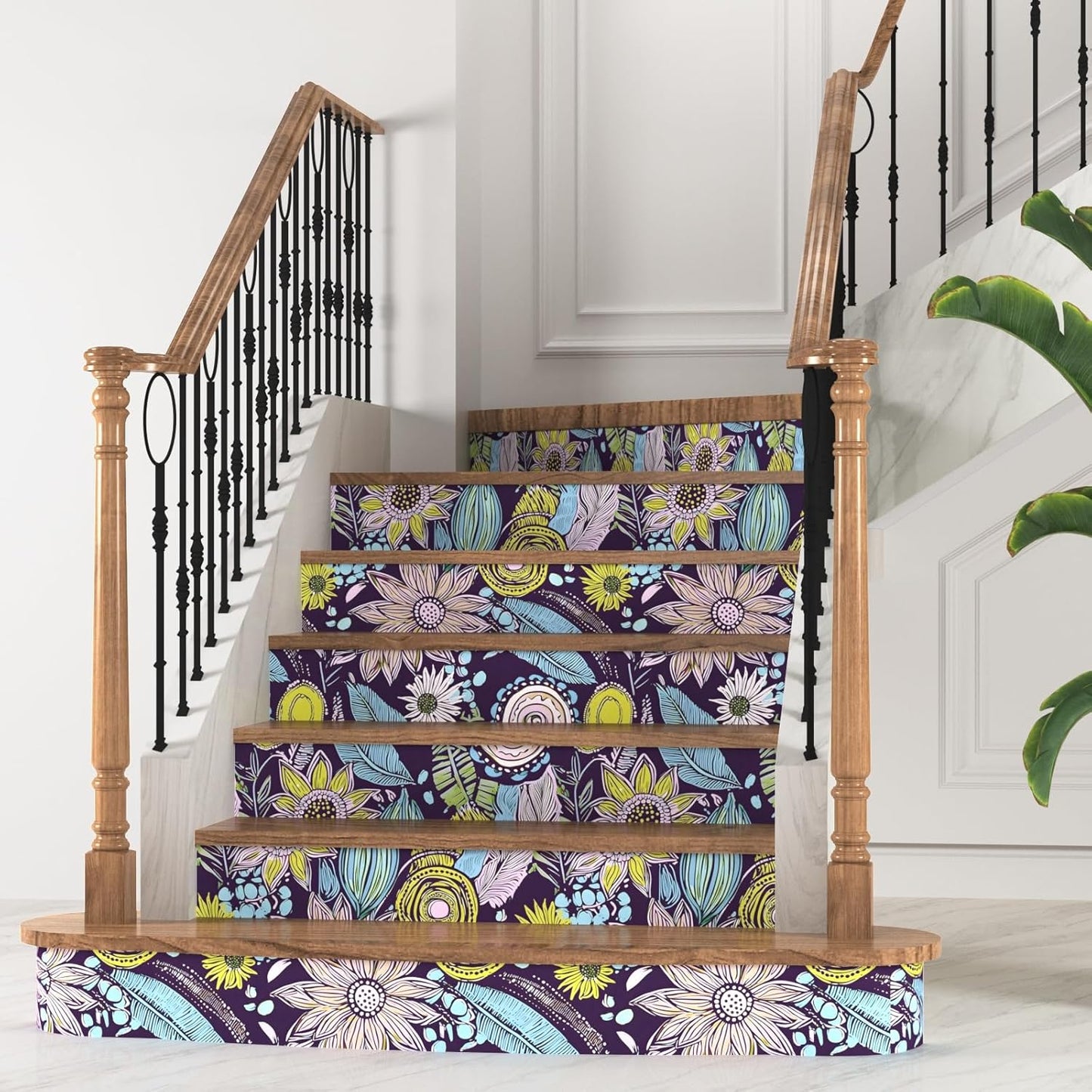 Blue Wallpaper Peel and Stick,Vintage Boho Floral Contact Paper 17.5" x 118", Retro Botanical Flower Wall Paper Self Adhesive Removable Waterproof for Walls Shelves Cabinet Table (Blue,Yellow, Green)
