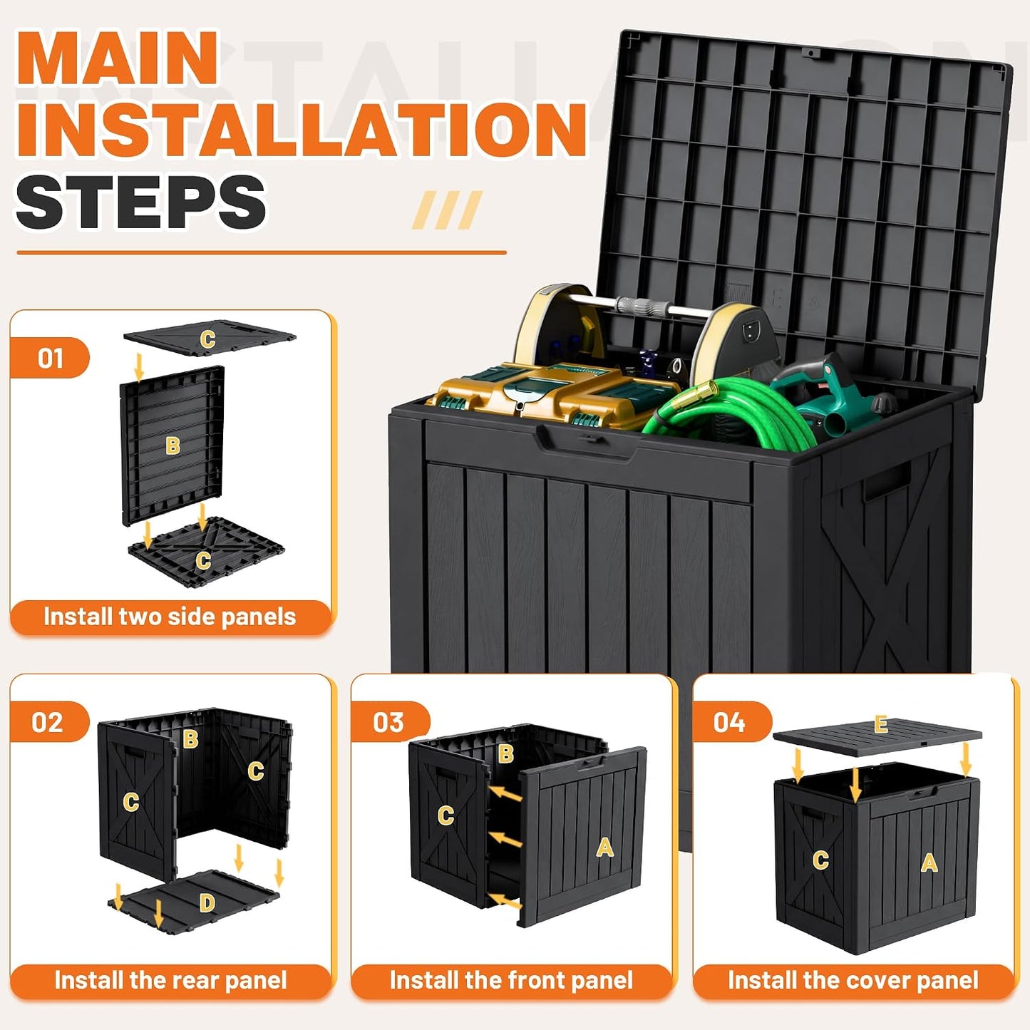 32 Gallon Deck Box Outdoor Indoor Waterproof Storage Box for Patio Furniture, Pool Accessories, Garden Tools, and Cushion Storage, Black
