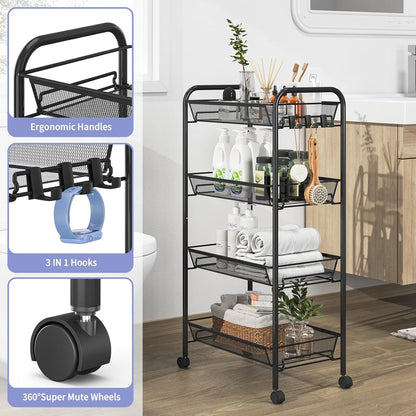 TOOLF 3-Tier Metal Rolling Cart, Mesh Wire Easy Assemble Utility Cart, Storage Trolley on Wheels with 3 Hooks, MetalStorage Shelving Units for Kitchen Bathroom Laundry Room