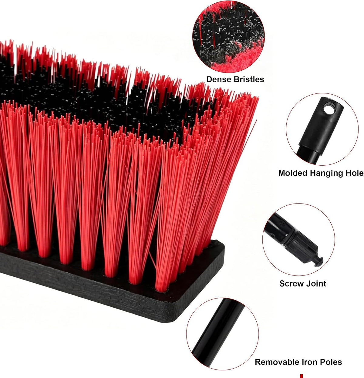 24" Outdoor Push Broom with 65" Extendable Pole, Heavy Duty Stiff Bristle for Floor Cleaning, Patio, Deck, Driveway, Garage, Yard, Warehouse Sweeping (Red, 18" Brush Head)