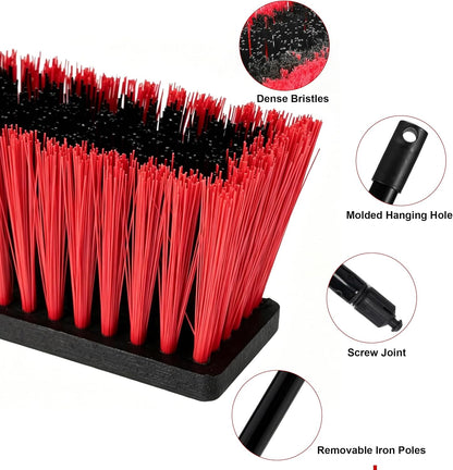 24" Outdoor Push Broom with 65" Extendable Pole, Heavy Duty Stiff Bristle for Floor Cleaning, Patio, Deck, Driveway, Garage, Yard, Warehouse Sweeping (Red, 18" Brush Head)