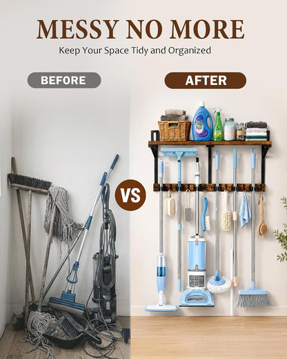 Lorbro Broom Holder Wall Mount with Cleaning Supplies Storage, Heavy Duty Broom and Mop Organizer Wall Hanging, Wooden Mop Organizer Hanger, 3 in 1 Storage Shelves for Laundry Room, Garage, Closet