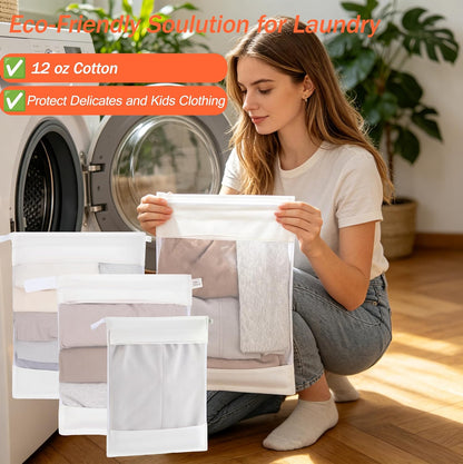 Cotton Mesh Laundry Bags, Set of 4, Dye-Free Natural Delicate Wash Bags with Hidden Zipper, Machine Washable for Bras, Lingerie & Sensitive Fabrics, Available in XXL/XL/L/M