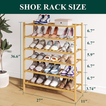 Smiry Bamboo Shoe Rack for Closet, 3 Tier Wooden Shoe Organizer, Stackable Wood Shoe Storage Shelf for Entryway, 14 Vertical Slats, One-piece Heavy-Duty Legs, 26.77"x11.02"x18.31", Natural