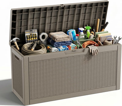 ROJIK 55Gal Outdoor Storage Box Waterproof Deck Box | Heavy-duty UV-resistant resin, space-saving for balcony/patio, stores cushions/tools/pool gear, lockable lid as table/bench
