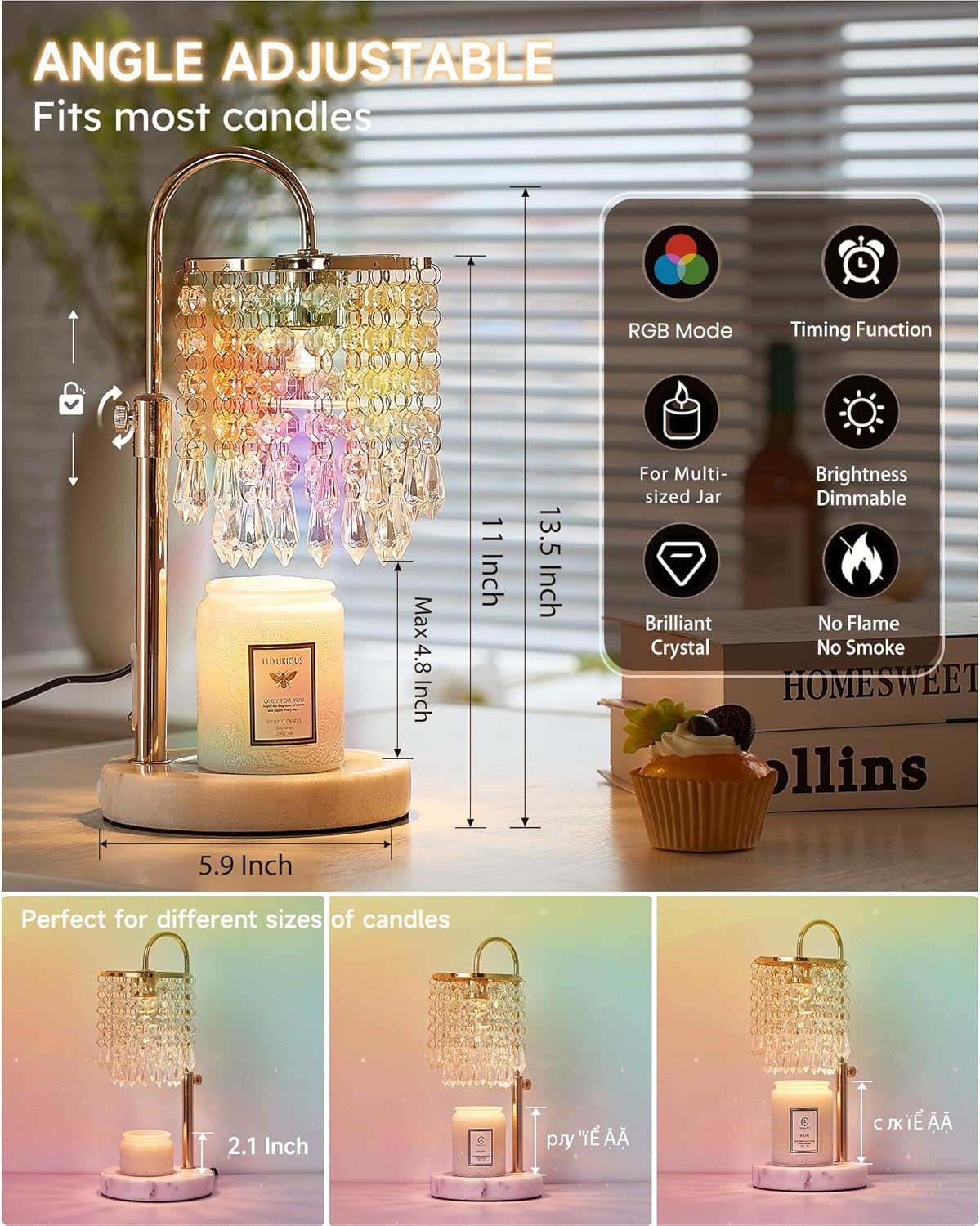 Candle Warmer Lamp with Timer Dimmer and 3 Bulbs, Candle Lamp Warmer with Marble Base for Adjustable Height, Crystal Candle Lamp for Jar Candles, House Warming Gifts Home Room Decor, Silver