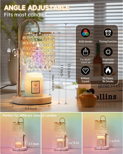Candle Warmer Lamp with Timer Dimmer and 3 Bulbs, Candle Lamp Warmer with Marble Base for Adjustable Height, Crystal Candle Lamp for Jar Candles, House Warming Gifts Home Room Decor, Silver