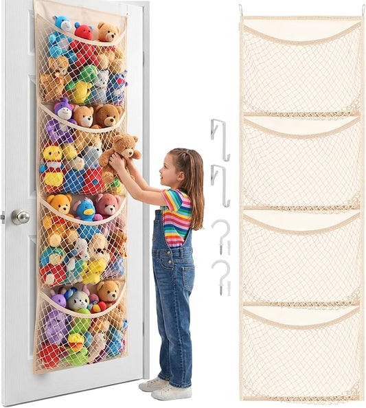 Ofiray-home Cotton Over The Door Stuffed Animal Storage | Toy Organizer for Storage Plush Toys, Stuffed Animal Holder with 4 Large Pockets, Hanging Door Organizer for Nursery