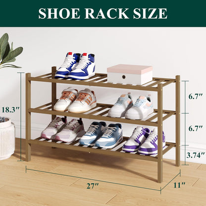 Smiry Bamboo Shoe Rack for Closet, 3 Tier Wooden Shoe Organizer, Stackable Wood Shoe Storage Shelf for Entryway, 14 Vertical Slats, One-piece Heavy-Duty Legs, 26.77"x11.02"x18.31", Natural