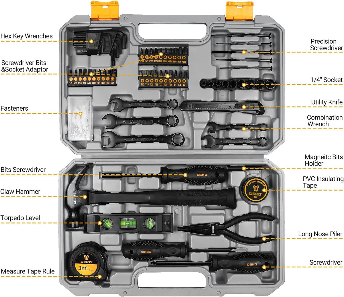 DEKOPRO General Household Hand Tool Kit with Plastic Toolbox Storage Case, All Purpose Home Tool Kit Includes Essential Tools for Office College Repairs, 50 Piece