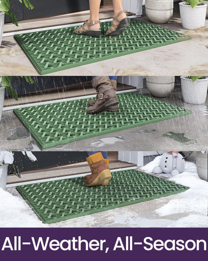 DEXI Front Door Mat Outside Entrance Rubber 19x30, Welcome Floor Doormat Heavy Duty Non Slip, Dirt Trapper Waterproof Exterior Entry Mats All Weather for Patio Entryway Drainage, Black