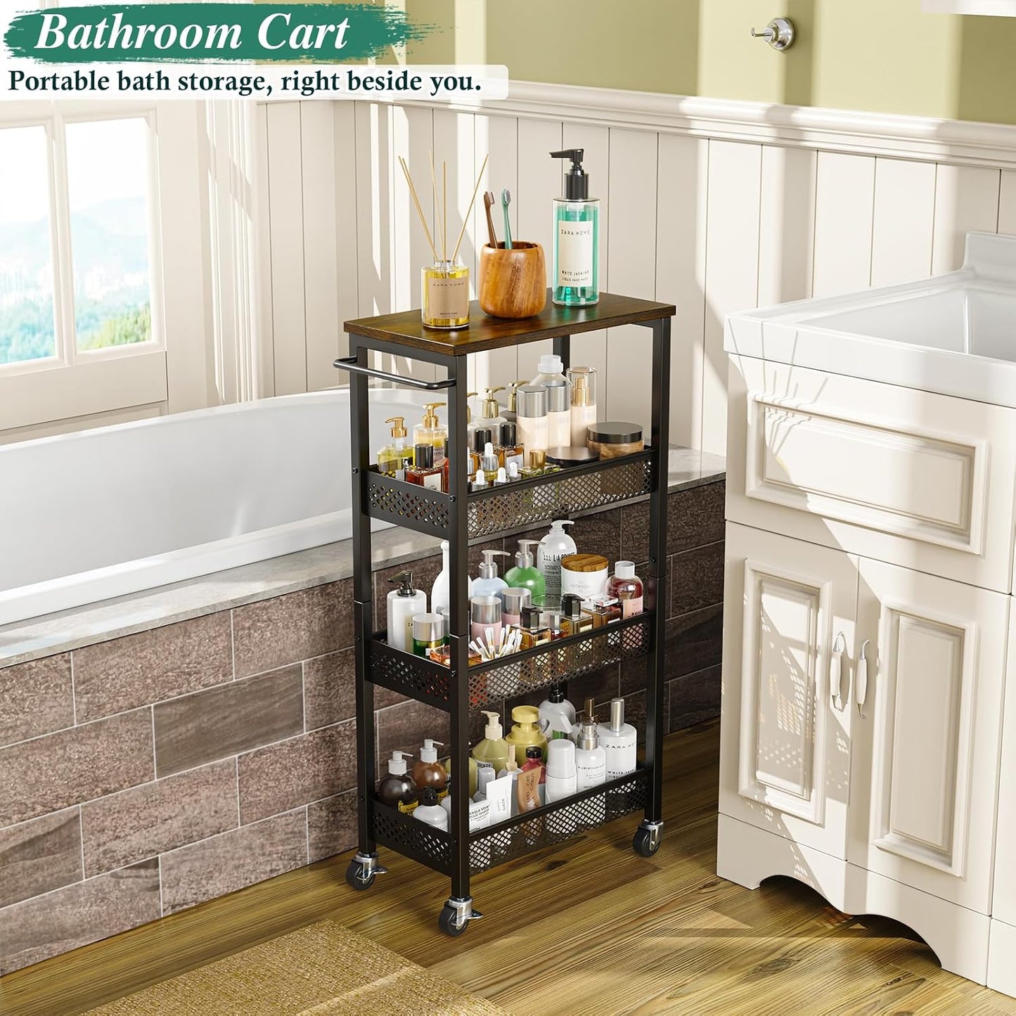 OKZEST Utility Slim Storage Cart, 4 Tier Small Rolling Kitchen Laundry Room Cart with Wood Top, Metal Narrow Bathroom Storage Cabinet Mobile Shelf Unit Organizer Trolley with Handle for Narrow Space