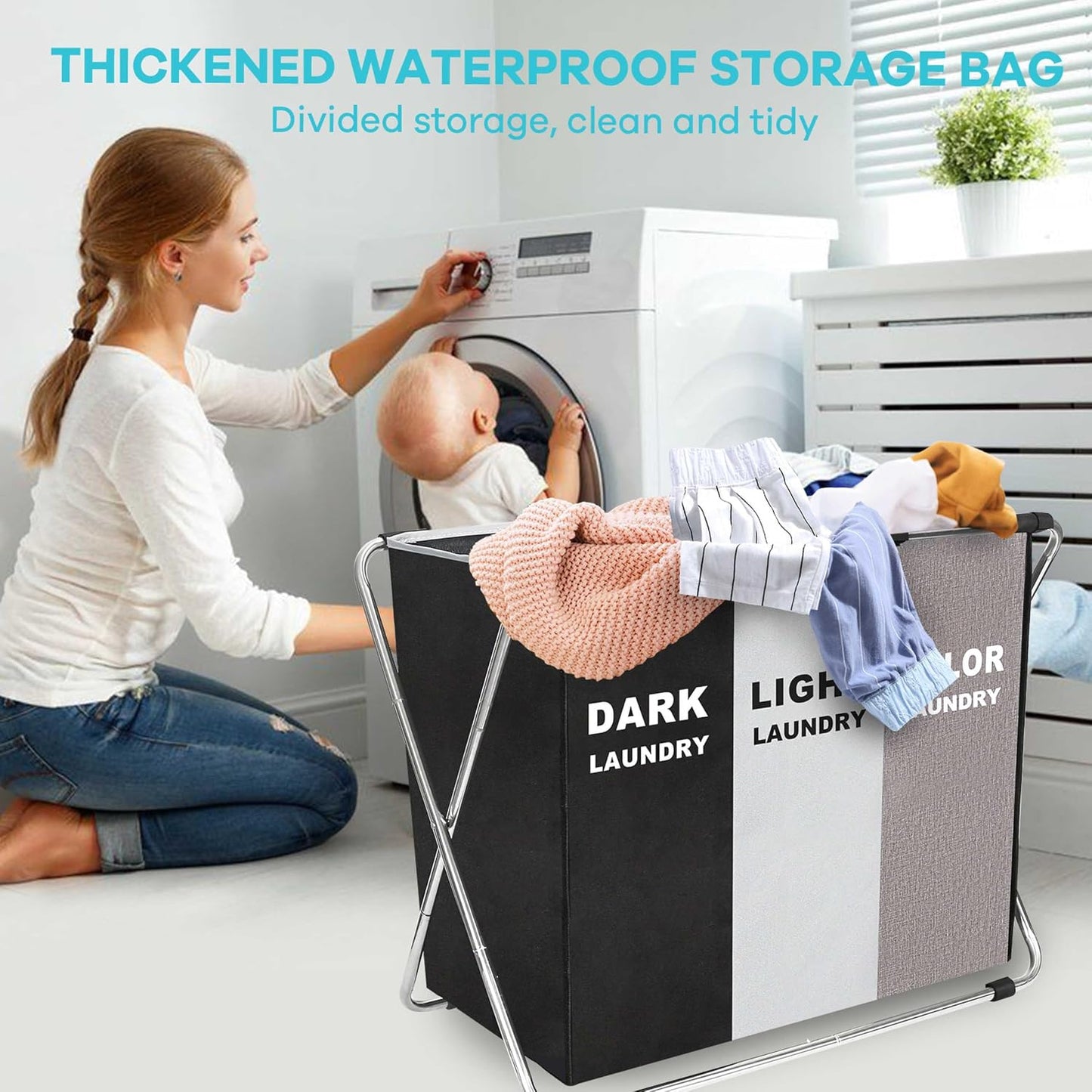 135L Laundry Cloth Hamper Sorter Basket Bin Foldable 3 Sections with Aluminum Frame 26''×24''H Washing Storage Dirty Clothes Bag for Bathroom Bedroom Home Storage Basket (Black+light grey+dark grey, 3