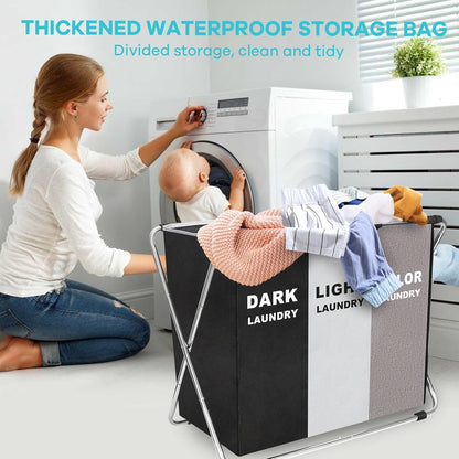 135L Laundry Cloth Hamper Sorter Basket Bin Foldable 3 Sections with Aluminum Frame 26''×24''H Washing Storage Dirty Clothes Bag for Bathroom Bedroom Home Storage Basket (Black+light grey+dark grey, 3