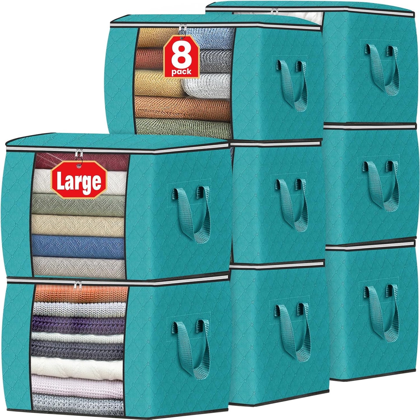 Fab totes 6 Pack Storage Bags for Clothes and Blanket, Foldable Closet Organizers and Storage with Zippers, Clear Window and Handles, Fabric Storage Bins for Sweater, Comforter, Bedding,Linen Sheets