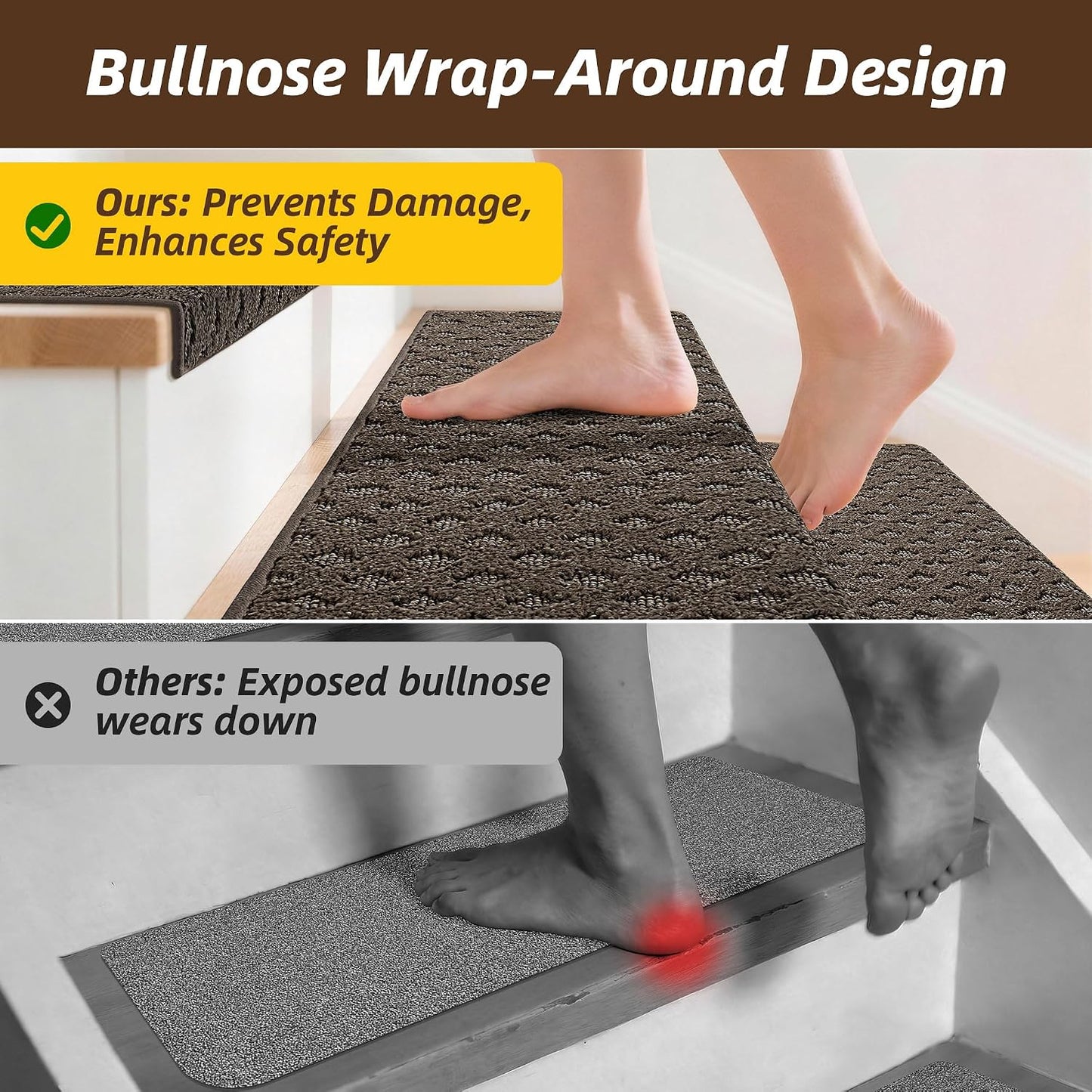 JSEI Bullnose Carpet Stair Treads, 14 Pcs Non Slip Stair Treads for Wooden Steps Indoor with TPE Backing, 11" x 30" Machine Washable Stair Runners with Edge Protection for Kids, Elders and Pets, Beige