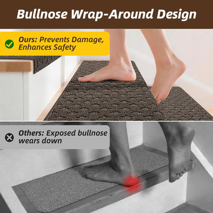 JSEI Bullnose Carpet Stair Treads, 14 Pcs Non Slip Stair Treads for Wooden Steps Indoor with TPE Backing, 11" x 30" Machine Washable Stair Runners with Edge Protection for Kids, Elders and Pets, Beige