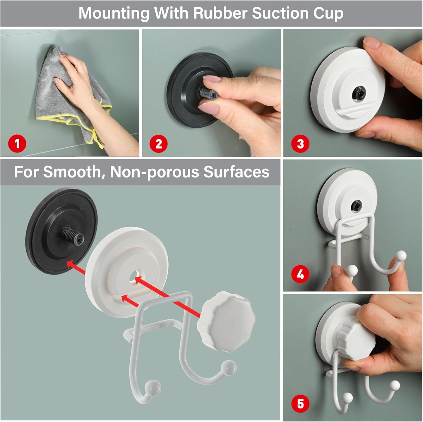 HASKO Suction Cup Hooks for Shower Wall, Removable Towel Hooks for bathrooms, Includes Optional No Drill Adhesive Mount for Inside Shower, Rustproof Stainless Steel - 2 Pack, Bronze