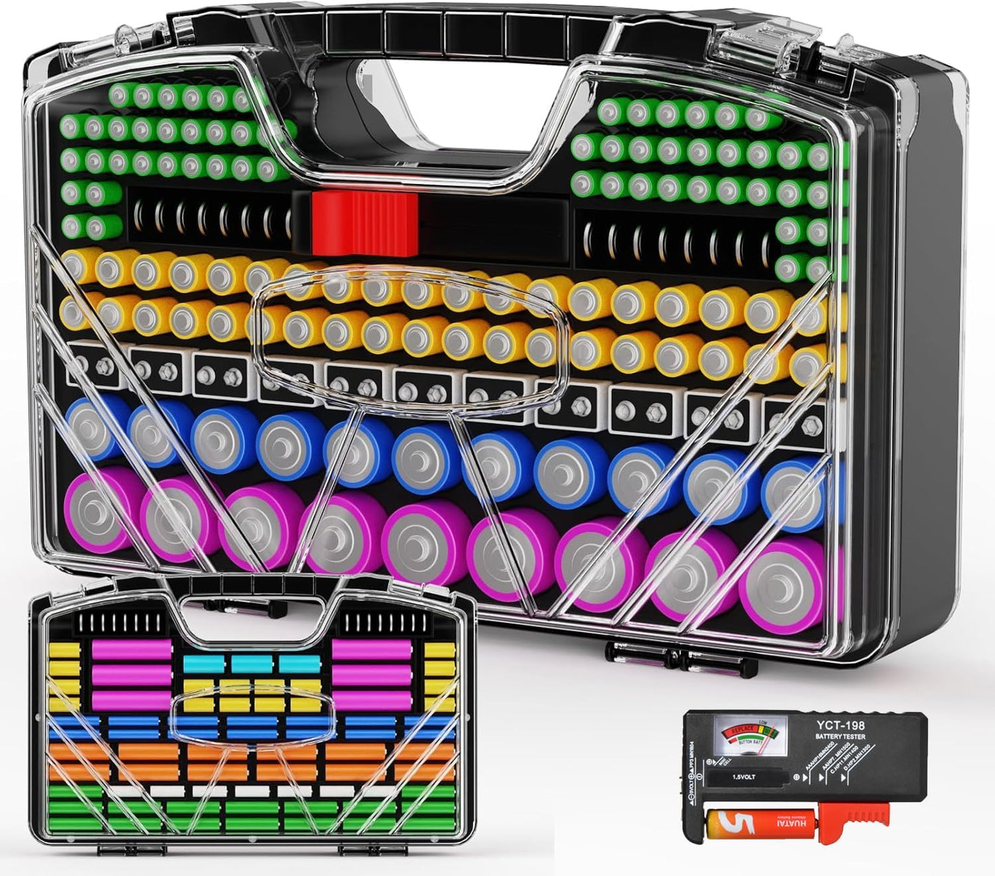 Battery Organizer Storage Holder Box Case with Tester - 285 Batteries Double-Sided Variety Pack, Holds AA AAA 4A C D Cell 9V 3V Lithium LR44 CR2 CR123 CR1632 18650 Button (Batteries Not Included)