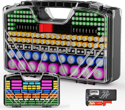 Battery Organizer Storage Holder Box Case with Tester - 285 Batteries Double-Sided Variety Pack, Holds AA AAA 4A C D Cell 9V 3V Lithium LR44 CR2 CR123 CR1632 18650 Button (Batteries Not Included)