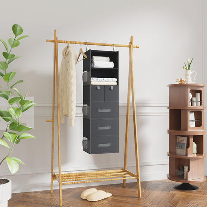 6-Shelf Hanging Closet Organizer with 5 Drawers, Non-Woven Storage, Black | Spacious compartments sort clothes & undergarments; foldable drawers add hidden storage for closets, wardrobes or RVs.