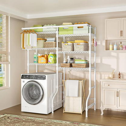 Ulif U13 Medium Over Washer and Dryer Storage Shelves, 6 Tiers Laundry Room Standing Shelf with 2 Hanger Rods, Space Saver Clothes Drying Rack, 57.8" W x 22" D x 77.4" H, Black