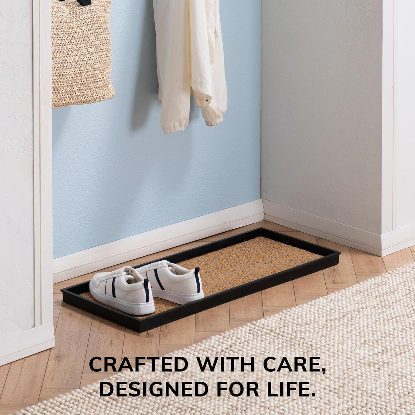 Anji Mountain Heavy Duty Waterproof Rubber Shoe Storage Mat Organizer/Boot Storage Tray Multi Use For Entryway with Coir, Tan and Khaki Insert , Fits 4 Pair (46.5" Wide)
