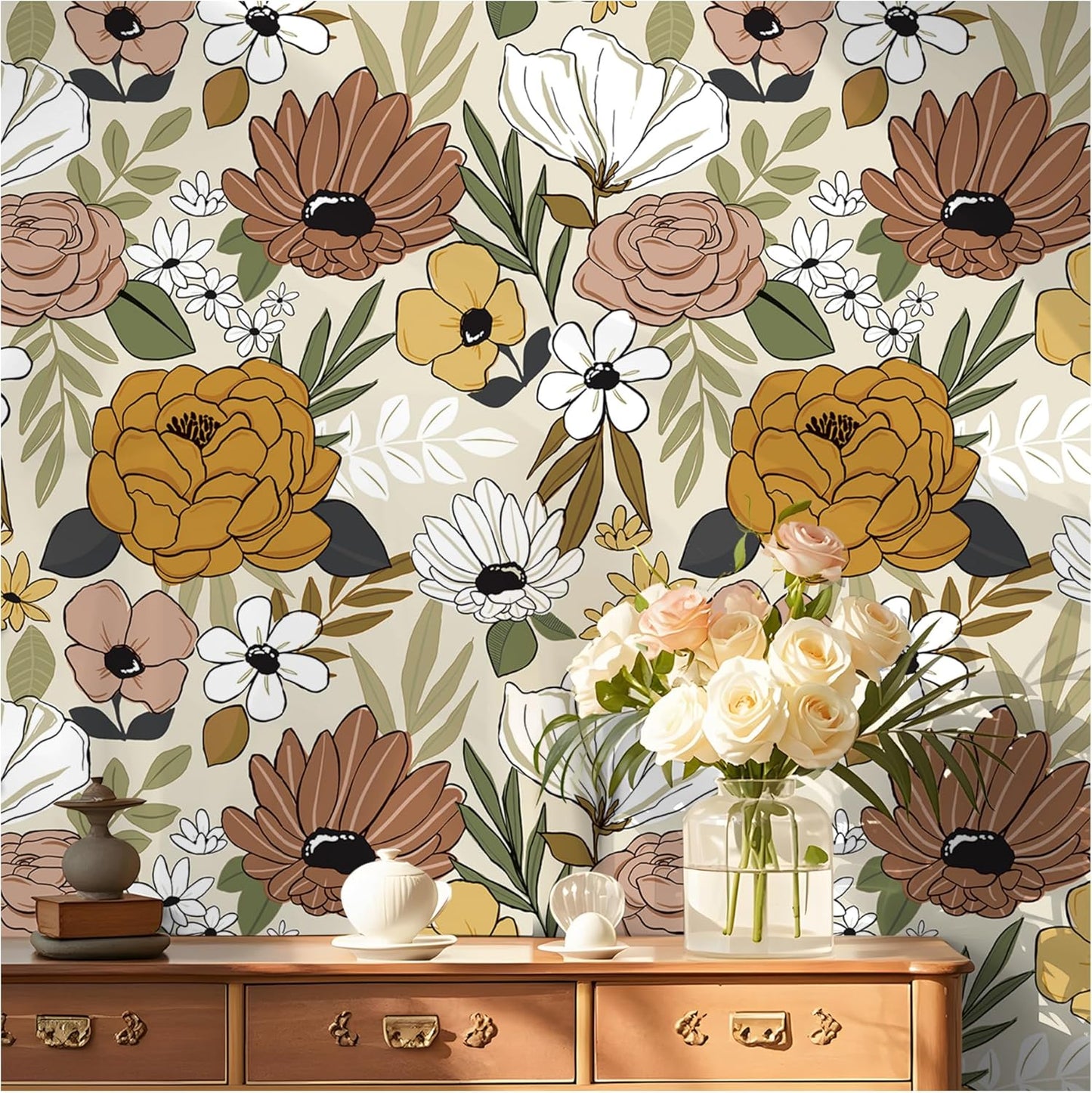 Floralplus Floral Wallpaper Peel and Stick Removable Wallpaper Boho Renter Friendly Dark Flower Wallpapers Contact Paper for Walls Cabinet Bedroom Bathroom Decor 17.5 in x 118 in