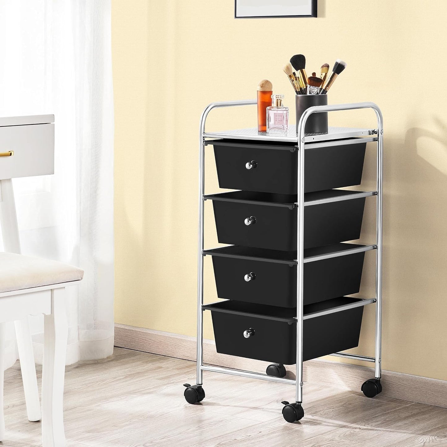 Yaheetech 4-Drawer Rolling Storage Cart with Wheels, Slim Organizer, Black | Four drawers plus a top shelf organize craft to bath gear; slim chrome-steel frame, plastic bins, locking wheels, easy setup.