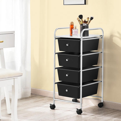 Yaheetech 4-Drawer Rolling Storage Cart with Wheels, Slim Organizer, Black | Four drawers plus a top shelf organize craft to bath gear; slim chrome-steel frame, plastic bins, locking wheels, easy setup.
