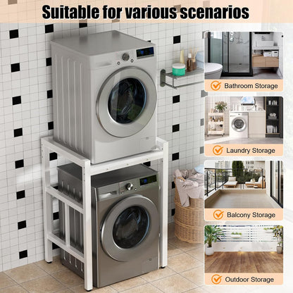 Washer Dryer Stacking Rack Stand, Over the Washer and Dryer Storage Shelf, Height Adjustable Standing Washer Dryer Machine Rack, Stackable Shelf for Laundry Room Apartments (White)