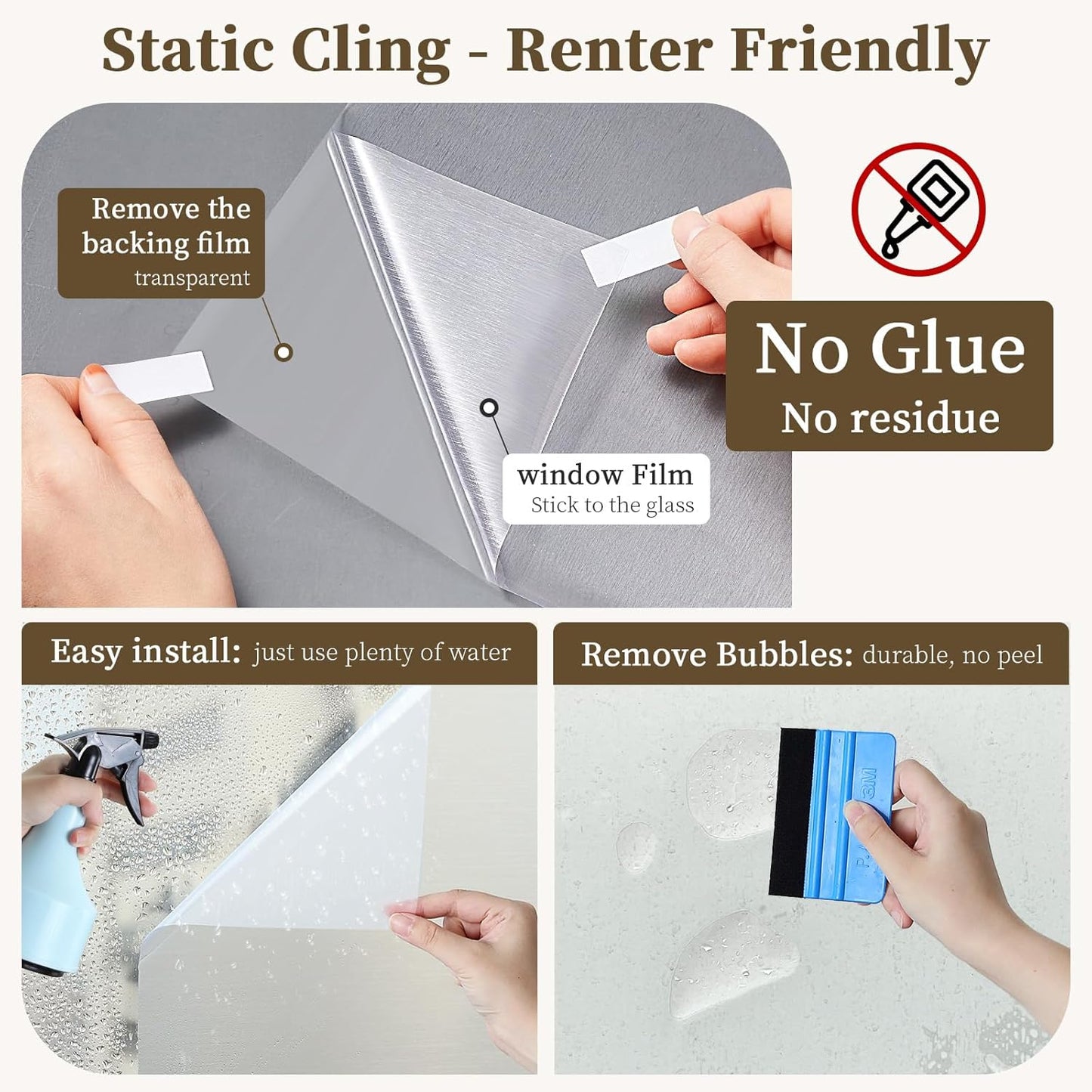 Frosted Window Privacy Film - Brushed Silver Static Cling Glass Film for Bathroom, Day and Night Door Privacy Film Window Cover to Stop Dog Barking, 17.5x78.7 Inch, Pure