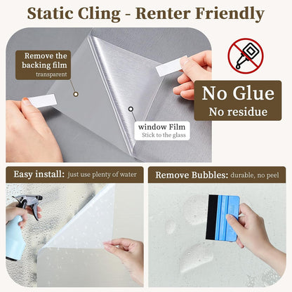 Frosted Window Privacy Film - Brushed Silver Static Cling Glass Film for Bathroom, Day and Night Door Privacy Film Window Cover to Stop Dog Barking, 17.5x78.7 Inch, Pure