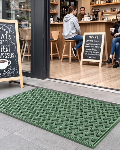 DEXI Front Door Mat Outside Entrance Rubber 19x30, Welcome Floor Doormat Heavy Duty Non Slip, Dirt Trapper Waterproof Exterior Entry Mats All Weather for Patio Entryway Drainage, Black