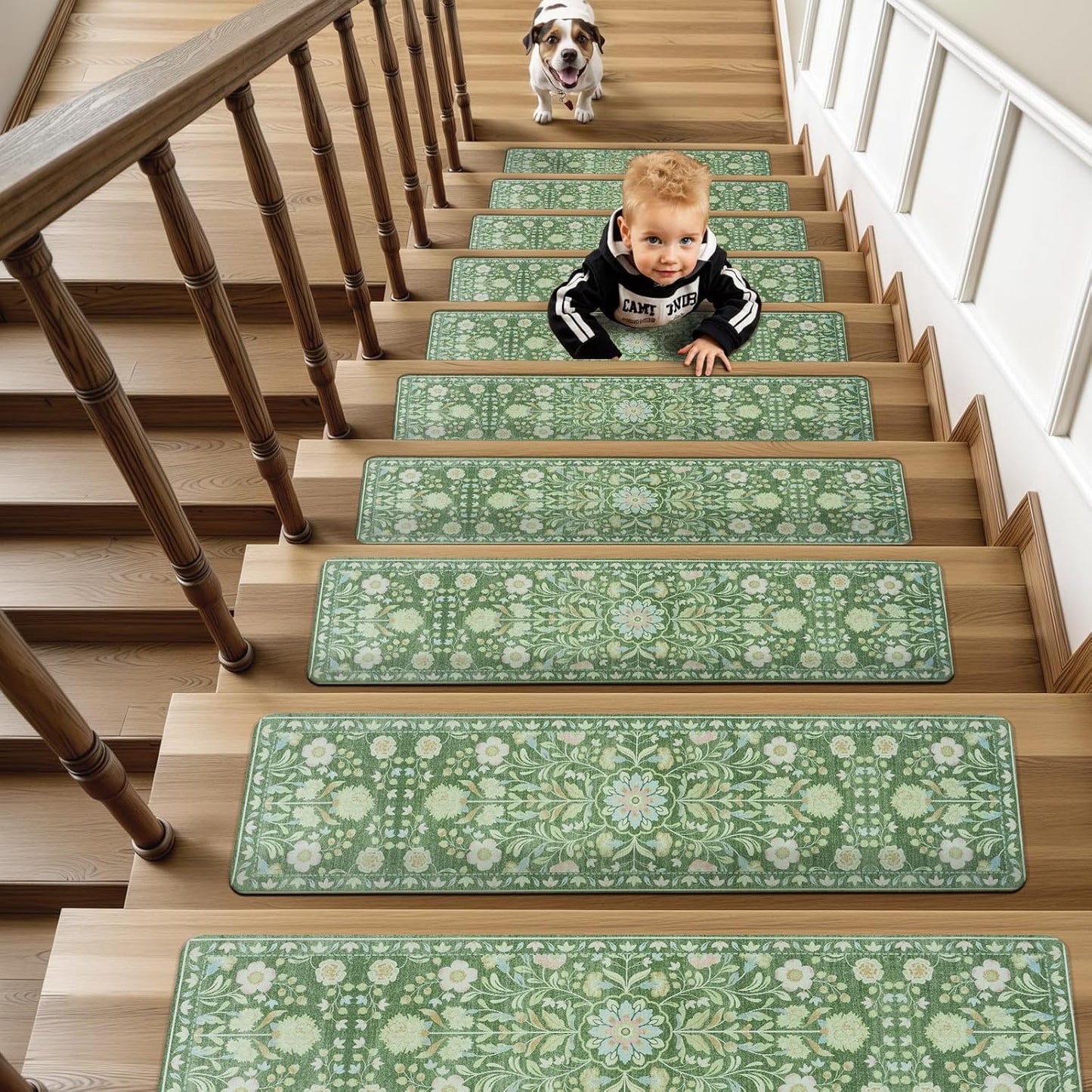 OJIA Floral Stair Treads Non-Slip Stair Runner for Wooden Steps Indoor 15PCS 30"x8" Carpet Stair Treads Stair Mats Staircase Step Treads for Kids, Elders and Dogs, Stair Covers, Black