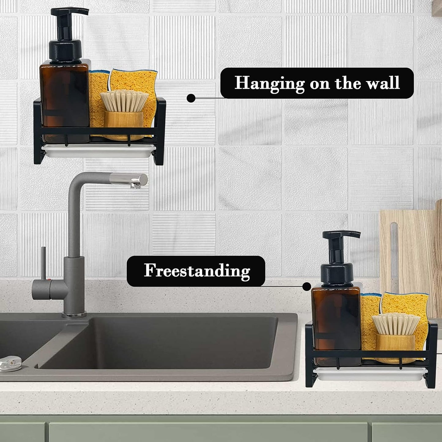 VANTEN Kitchen Sink Caddy Sponge Holder Organizer, Sink Tray Drainer Rack, Soap Dish Dispenser Brush Holder Storage Accessories - Countertop or Adhesive Wall Mount, Matte Black Stainless Steel