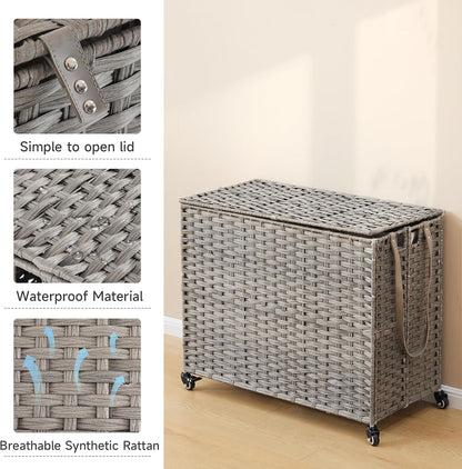 Laundry Hamper with Wheels, 34.3 Gallon(130L) Rolling Laundry Basket with Lid, 3-Section Rattan Clothes Hamper with 3 Removable Liner & 3 Mesh Bags, Laundry Sorter with Side Pocket, Brown