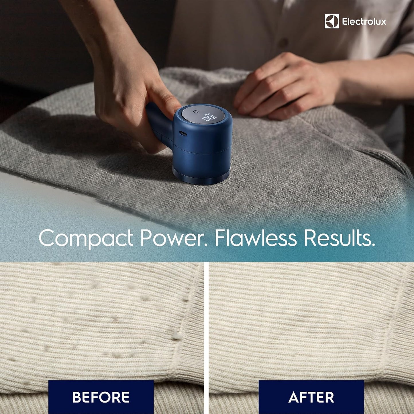 Electrolux Rechargeable Fabric Shaver | Compact Travel Lint Remover for Clothes & Furniture | Eliminates Fuzz & Pilling | 3-Speed Electric Lint Shaver with Type-C Fast Charging Port - Blue
