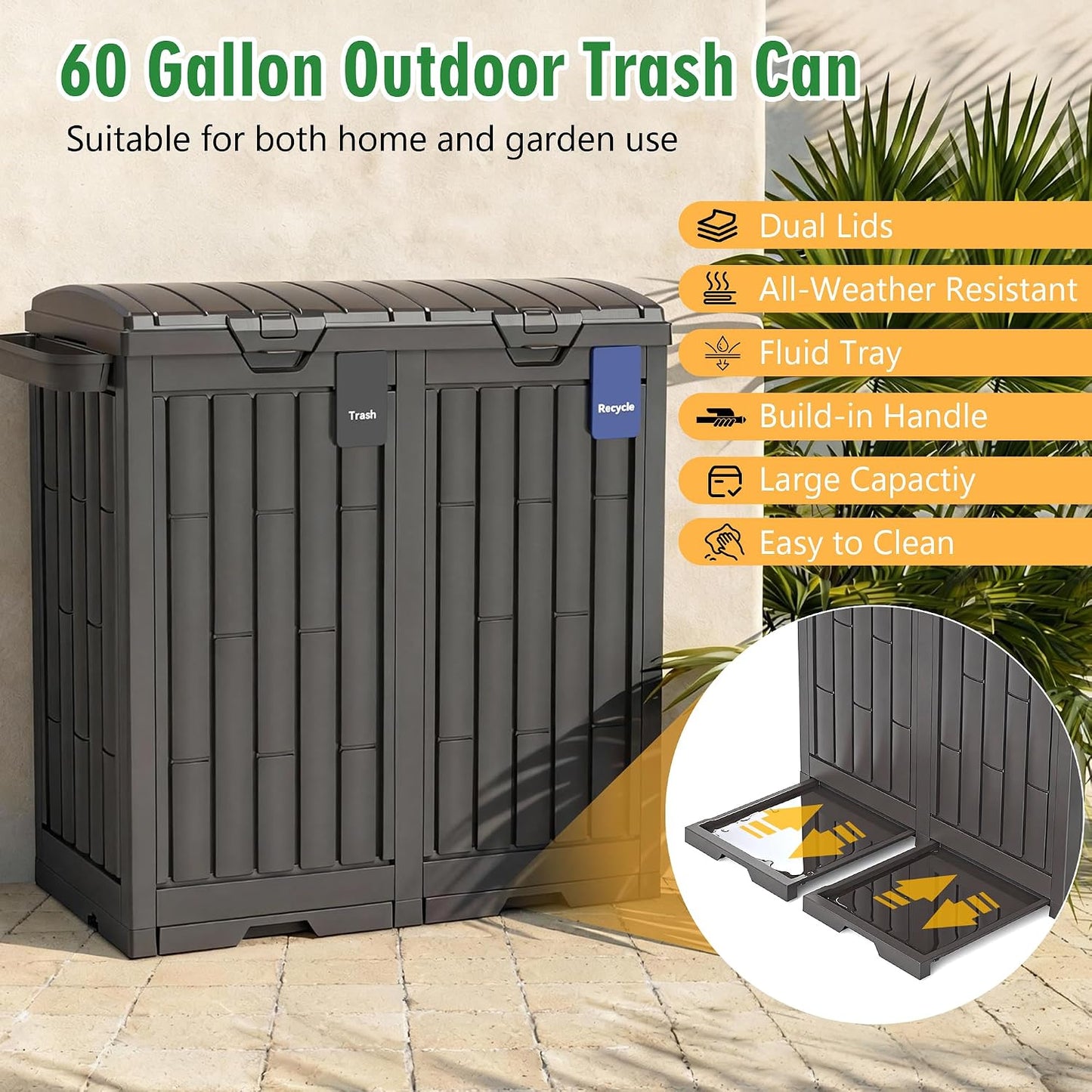 Outdoor Storage Box, 60 Gallon Waterproof Deck Box, Lockable Storage Container, Built-in Reinforcing Metal Rod Outside Resin Bin for Patio, Garden, Poolside and Garage