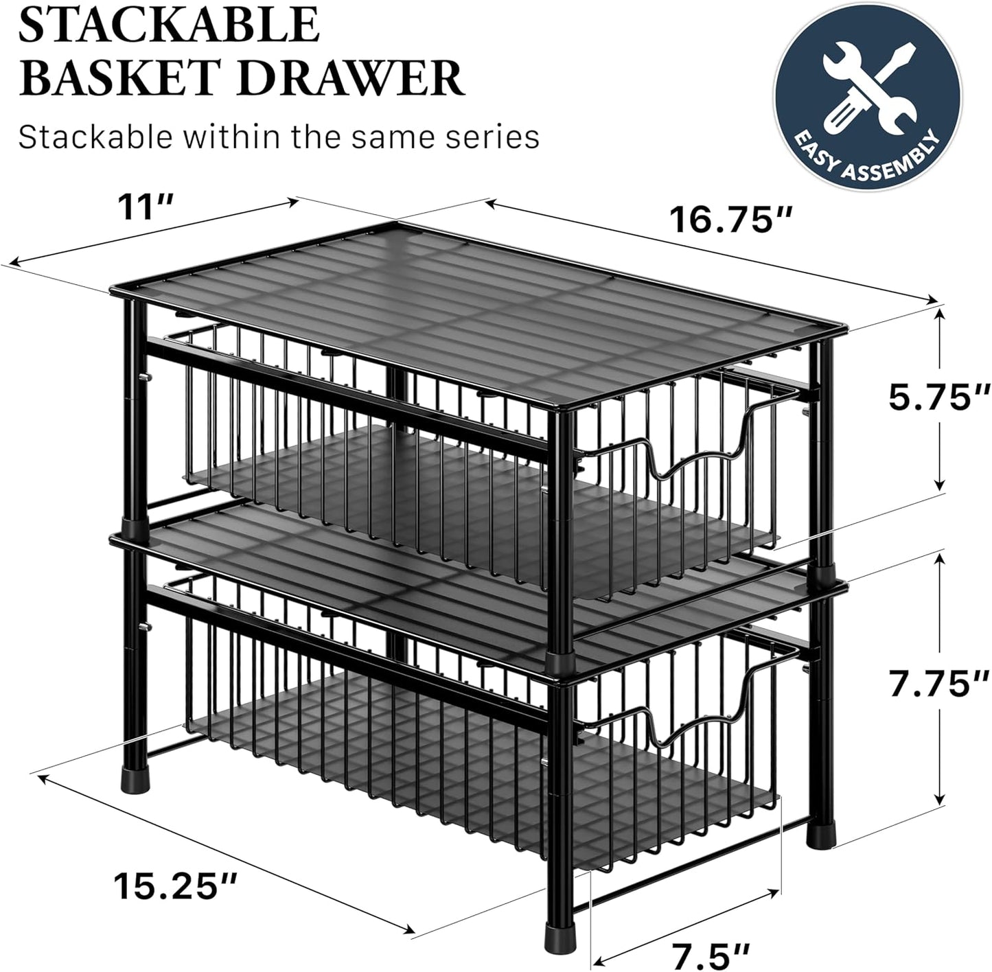 Simple Houseware Stackable 2 Tier Sliding Basket Organizer Drawer, Chrome