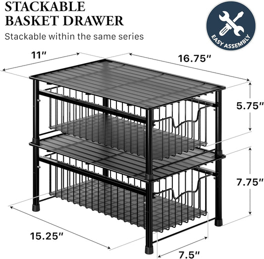 Simple Houseware Stackable 2 Tier Sliding Basket Organizer Drawer, Chrome