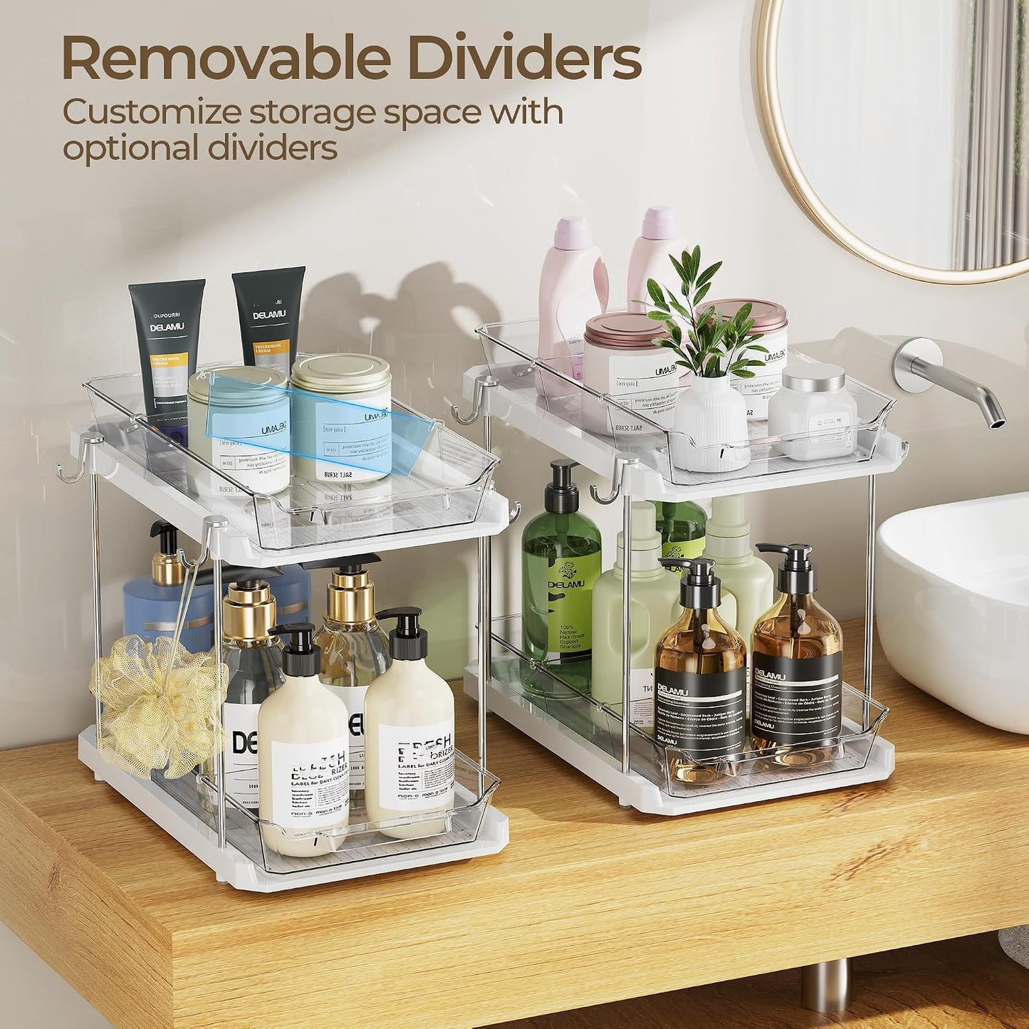 Delamu 2 Tier Under Sink Organizer Bathroom, Bathroom Cabinet Organizer with Snap-Lock Design and Hooks, Pull Out Storage with Movable Dividers, for Countertop, Kitchen and Pantry (Clear, 2 Pack)