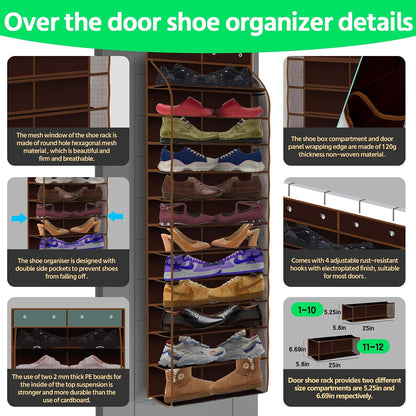 PAULONE 12 Pocket Over the Door Shoe Organizer,Reusable Breathable Large Mesh Bag Men's & Women's Sneaker Organizer,Shoe Organizer for Kids,Hanging Shoe Storage Hanging Bag (White)