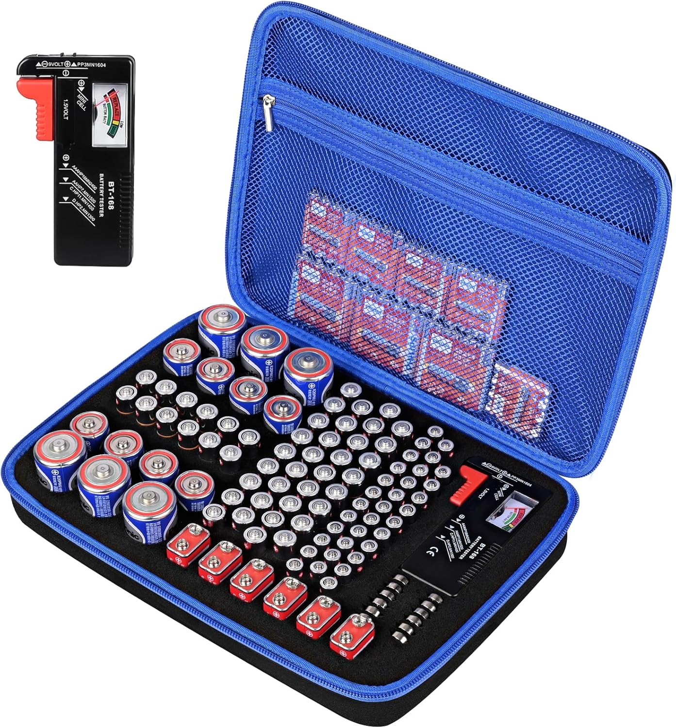 Battery Organizer Storage Case with Tester for AA AAA C D 9V Battery Holder 7 Batteries Variety Pack 111 Batteries Mesh Bag (Batteries Not Included) (black-green)
