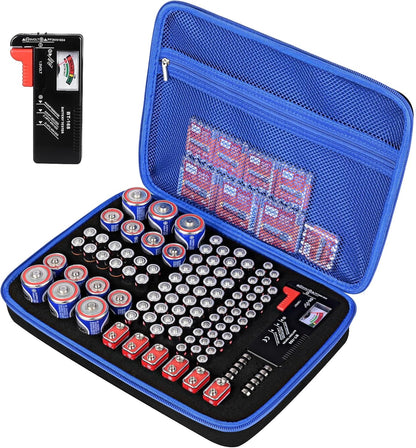 Battery Organizer Storage Case with Tester for AA AAA C D 9V Battery Holder 7 Batteries Variety Pack 111 Batteries Mesh Bag (Batteries Not Included) (black-green)