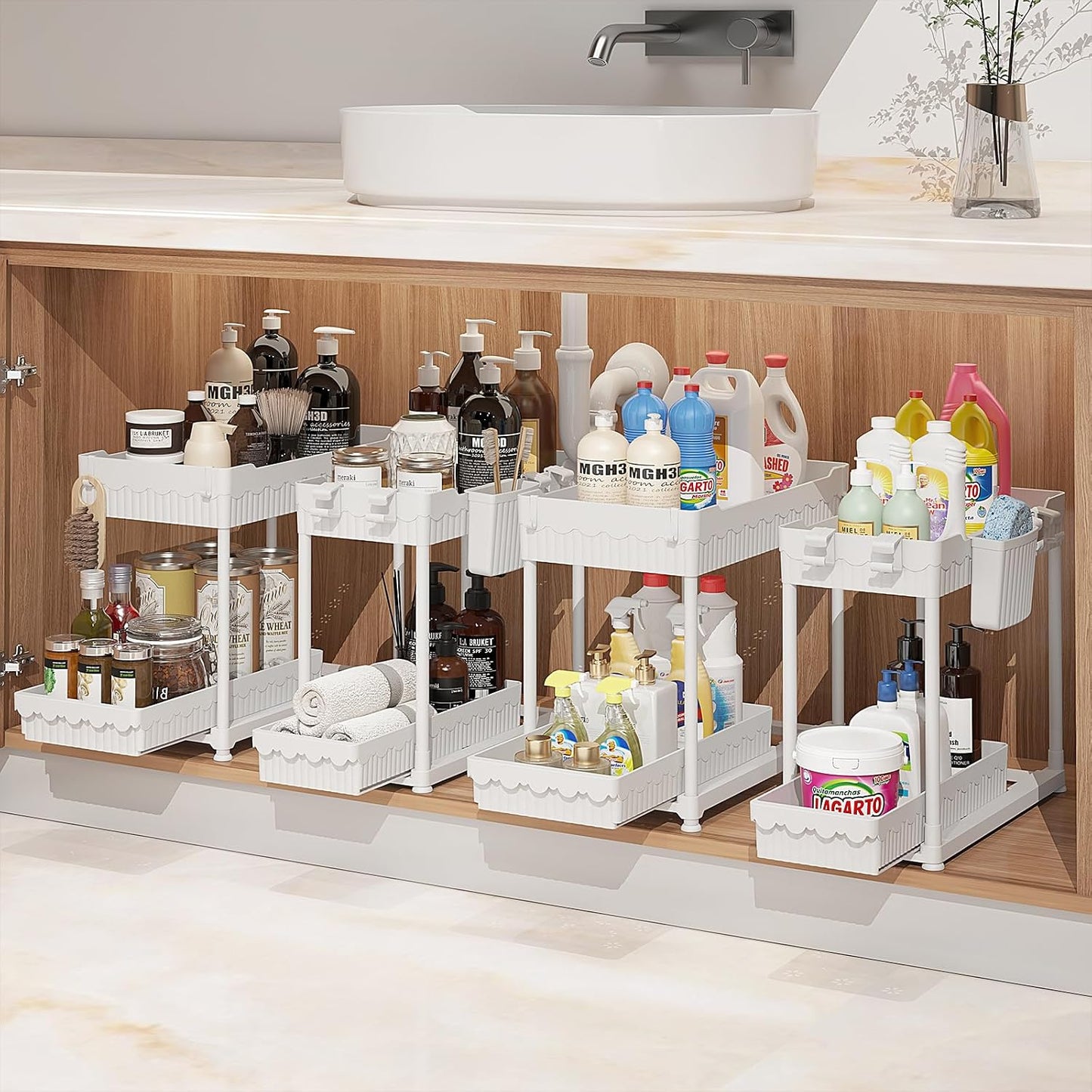 Sevenblue 4-Pack 2-Tier Under Sink Organizer with Pull Out Drawers | Multi-use kitchen & bathroom storage. Includes hanging hooks and cups. Black, space-saving cabinet design.