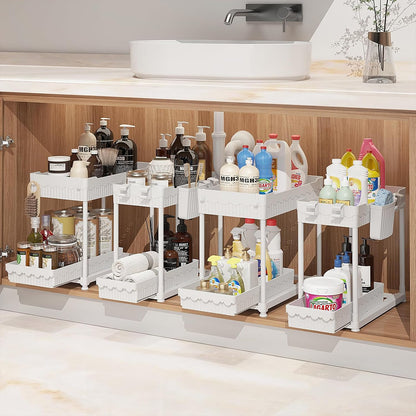 Sevenblue 4-Pack 2-Tier Under Sink Organizer with Pull Out Drawers | Multi-use kitchen & bathroom storage. Includes hanging hooks and cups. Black, space-saving cabinet design.