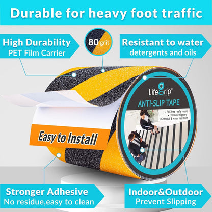 Lifegrip Anti Slip Tape, 4 Inch x 15 Foot Non-Slip Traction Grip Tape for Stairs, Waterproof Stair Treads Grip Non Slip, Non Skid Tape for Steps, Outdoor Black Grip Tape (4" X 15')