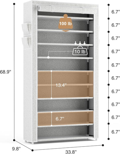 ROJASOP 10 Tier Shoe Rack with Covers,Large Capacity Stackable Tall Shoe Shelf Storage to 50-55 Pairs Shoes and Boots Sturdy Metal Free Standing Shoe Rack Organizer for Closet Entryway Garage
